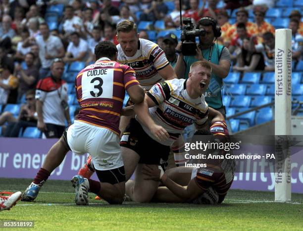 Bradford Bulls' Danny Addy celebrates after scoring a try during the First Utility Super League Magic Weekend match at the Etihad Stadium, Manchester.