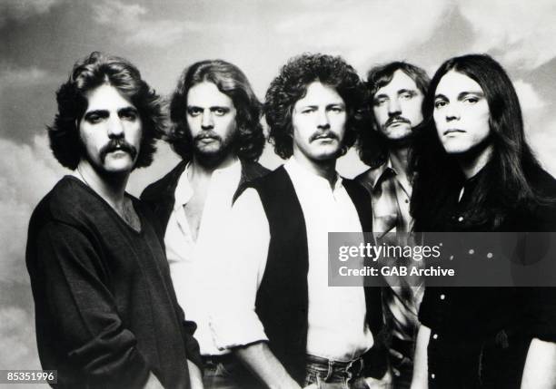 Photo of EAGLES; L-R Glenn Frey, Don Felder, Don Henley, Joe Walsh and Timothy B.Schmitt - posed, studio, group shot