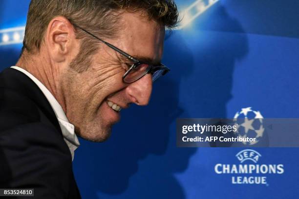 Spartak Moscow's coach from Italy Massimo Carrera attends a press conference at the Otkrytie Arena stadium in Moscow on September 25, 2017 on the eve...