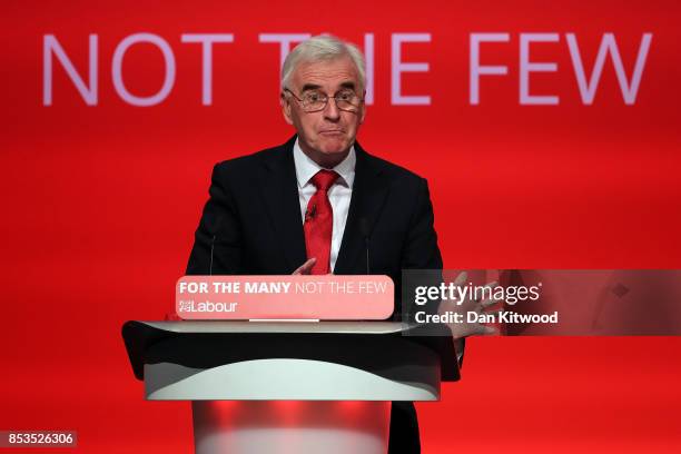 Shadow Chancellor John McDonnell delivers his keynote speech in the main hall during day two of the Labour Party Conference on September 25, 2017 in...