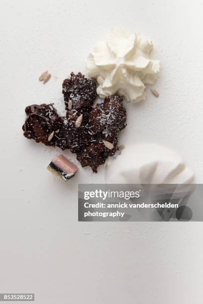 ice cream, whipped cream, lava cake, marzipan, sunflower seeds and coconut rasp. - lakritzmischung stock-fotos und bilder