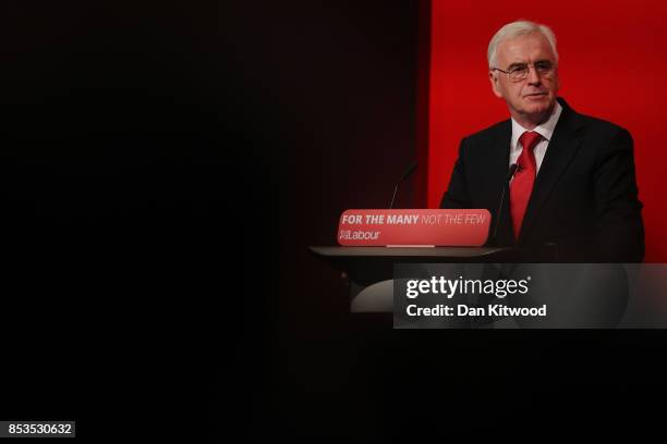 Shadow Chancellor John McDonnell delivers his keynote speech in the main hall during day two of the Labour Party Conference on September 25, 2017 in...