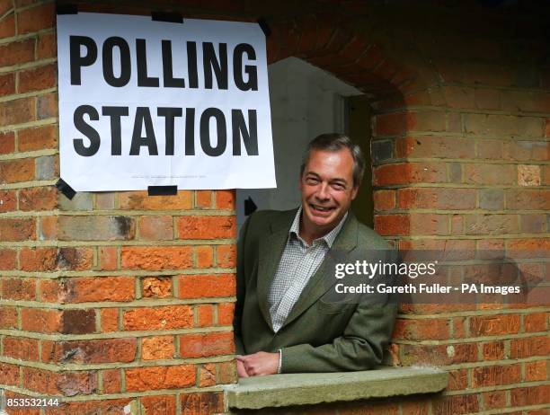 Leader Nigel Farage arrives at Cudham Church of England Primary School in Cudham, Kent, to cast his vote in today's Local and European elections.