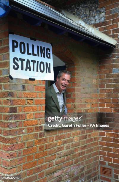 Leader Nigel Farage arrives at Cudham Church of England Primary School in Cudham, Kent, to cast his vote in today's Local and European elections.