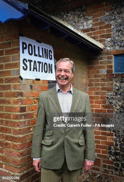 Leader Nigel Farage arrives at Cudham Church of England Primary School in Cudham, Kent, to cast his vote in today's Local and European elections.