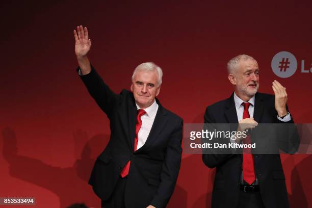 Shadow Chancellor John McDonnell delivers his keynote speech in the main hall during day two of the Labour Party Conference on September 25, 2017 in...