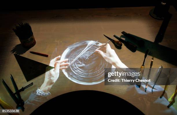 Video shows a mold for a medal during the press visit at the "Monnaie de Paris" on September 25, 2017 in Paris, France. After six years of renovation...