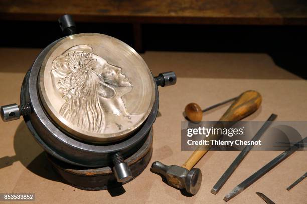 Mold for a medal is displayed during the press visit at the "Monnaie de Paris" on September 25, 2017 in Paris, France. After six years of renovation...