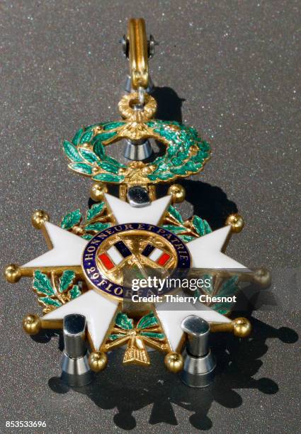 The medal of "Legion of honor" is displayed during the press visit at the "Monnaie de Paris" on September 25, 2017 in Paris, France. After six years...