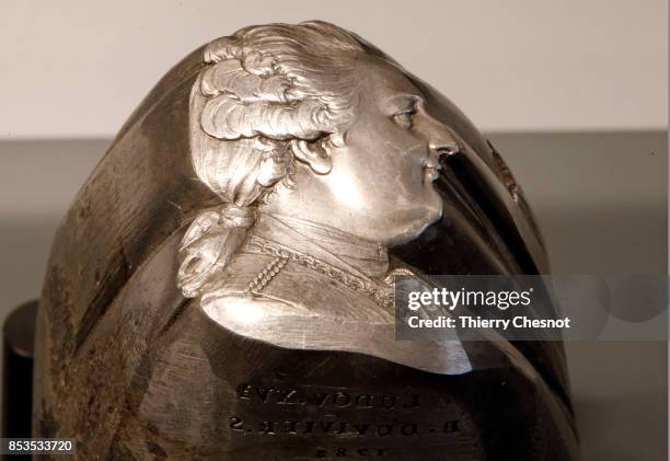 Steel stamp representing French King Louis XVI is displayed during the press visit at the "Monnaie de Paris" on September 25, 2017 in Paris, France....