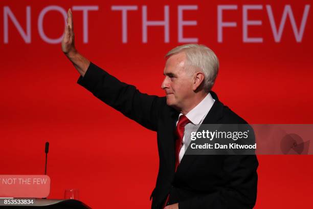 Shadow Chancellor John McDonnell delivers his keynote speech in the main hall during day two of the Labour Party Conference on September 25, 2017 in...