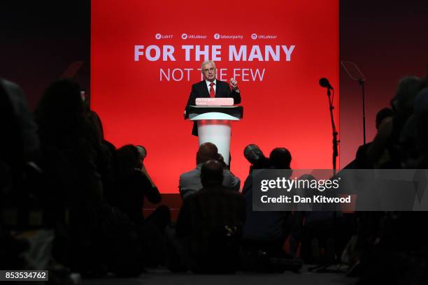 Shadow Chancellor John McDonnell delivers his keynote speech in the main hall during day two of the Labour Party Conference on September 25, 2017 in...