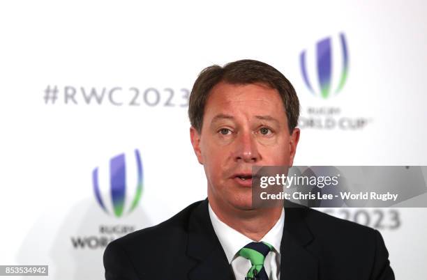 Of South Africa Rugby Jurie Roux during the Rugby World Cup 2023 Bid Presentations event at Royal Garden Hotel on September 25, 2017 in London,...