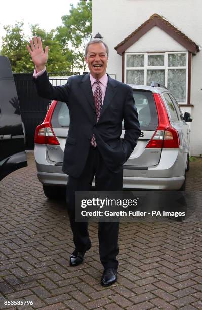 Leader Nigel Farage waves as he leaves his home in Cudham, Kent, as his party made gains across the country following yesterdays voting in local...