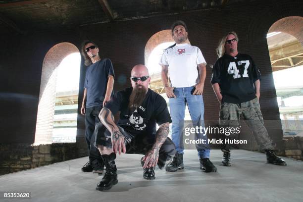 Photo of SLAYER and Dave LOMBARDO and Tom ARAYA and Jeff HANNEMAN and Kerry KING; L-R: Dave Lombardo, Kerry King, Tom Araya, Jeff Hanneman - posed,...