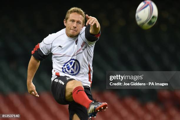 Toulon's Jonny Wilkinson practices his kicking during the training session at the Millennium Stadium, Cardiff.