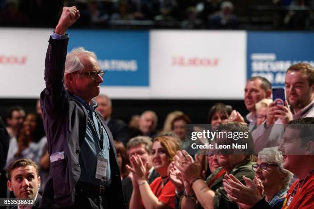 Director Ken Loach gestures to the hall as Shadow Chancellor of the Exchequer John McDonnell addresses delegates in the main hall on the second day...