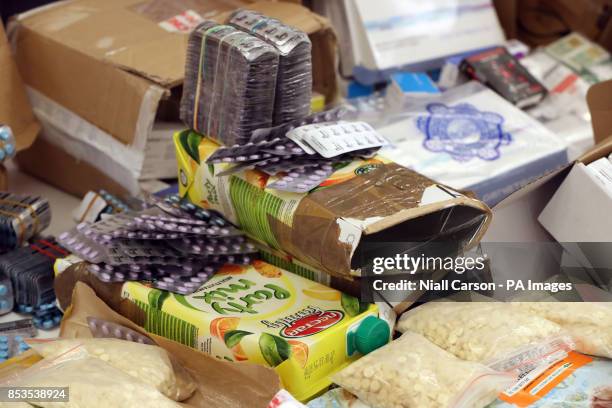 Tetra packs used to smuggle illegal medicines into Ireland on display at the Health Products Regulatory Authority Headquarters in Dublin after a...