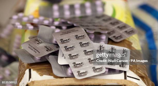 Seized packets of the tranquilizer Xanax on display at the Health Products Regulatory Authority Headquarters in Dublin after a Europe-wide...