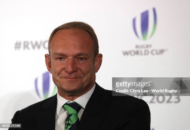 Winning Captain Francois Pienaar during the Rugby World Cup 2023 Bid Presentations event at Royal Garden Hotel on September 25, 2017 in London,...