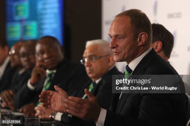 Winning Captain Francois Pienaar during the Rugby World Cup 2023 Bid Presentations event at Royal Garden Hotel on September 25, 2017 in London,...