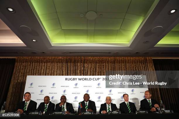 Deputy President of Republic of South Africa, Cyril Ramaphosa talks to the media with South Africa Captain John Smit, Director General for Sport and...