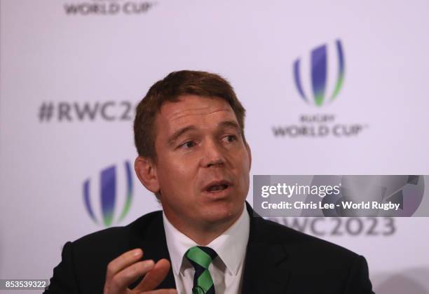 South Africa Captain John Smit during the Rugby World Cup 2023 Bid Presentations event at Royal Garden Hotel on September 25, 2017 in London, England.