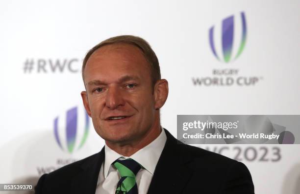 Winning Captain Francois Pienaar during the Rugby World Cup 2023 Bid Presentations event at Royal Garden Hotel on September 25, 2017 in London,...