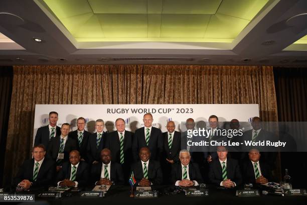 The South Africa World Cup 2023 bidding party during the Rugby World Cup 2023 Bid Presentations event at Royal Garden Hotel on September 25, 2017 in...