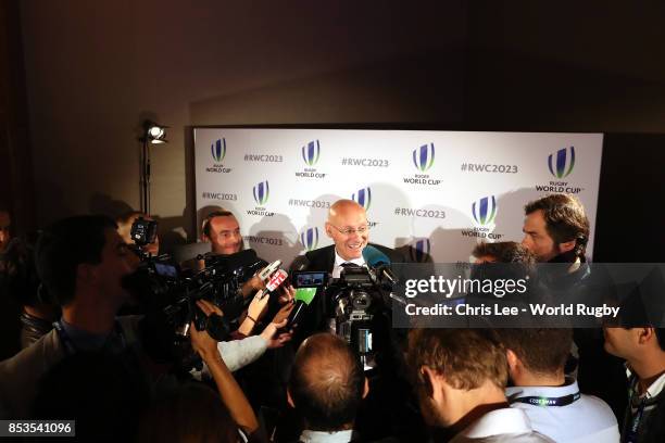 President of the French Rugby Federation Bernard Laporte during the Rugby World Cup 2023 Bid Presentations event at Royal Garden Hotel on September...