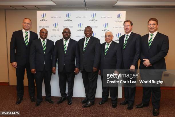Francois Pienaar, Alec Moemi, Thulas Nxesi, Cyril Ramaphosa, Mark Alexander, Jurie Roux and John Smit of South Africa during the Rugby World Cup 2023...