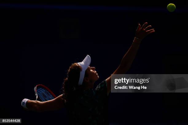 Varvara Lepchenko of the United States serves against Madison Keys of the United States on Day 2 of 2017 Dongfeng Motor Wuhan Open at Optics Valley...