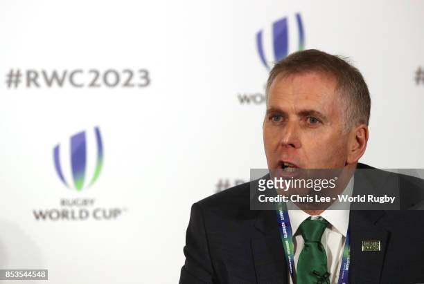 Head of Northern Ireland Civil Service David Sterling during the Rugby World Cup 2023 Bid Presentations event at Royal Garden Hotel on September 25,...