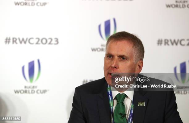 Head of Northern Ireland Civil Service David Sterling during the Rugby World Cup 2023 Bid Presentations event at Royal Garden Hotel on September 25,...