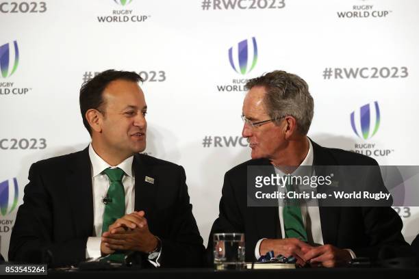 Irish Prime Minster Leo Varadkar with Chairman, Ireland 2023 Oversight Board Dick Spring during the Rugby World Cup 2023 Bid Presentations event at...