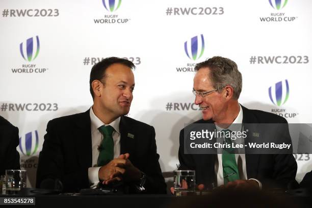 Irish Prime Minster Leo Varadkar with Chairman, Ireland 2023 Oversight Board Dick Spring during the Rugby World Cup 2023 Bid Presentations event at...