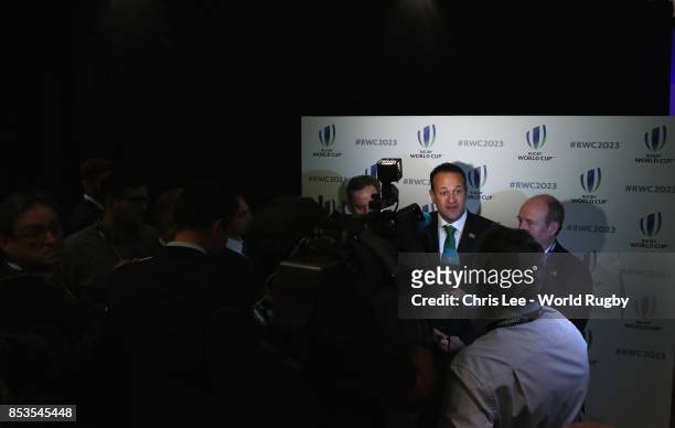 Irish Prime Minster Leo Varadkar during the Rugby World Cup 2023 Bid Presentations event at Royal Garden Hotel on September 25, 2017 in London,...