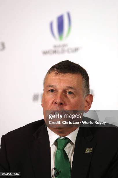 Of Irish Rugby Football Union Philip Browne during the Rugby World Cup 2023 Bid Presentations event at Royal Garden Hotel on September 25, 2017 in...