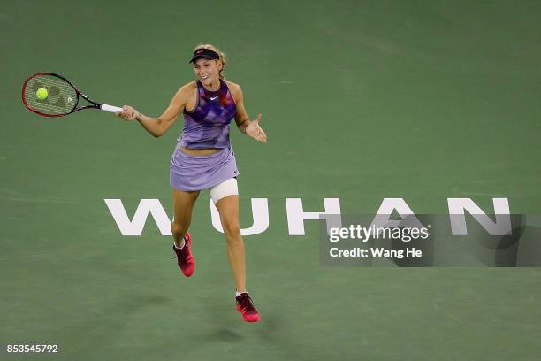 Donna Vekic of Croatia returns a shot during the match against Shuai Zhang of China on Day 2 of 2017 Dongfeng Motor Wuhan Open at Optics Valley...