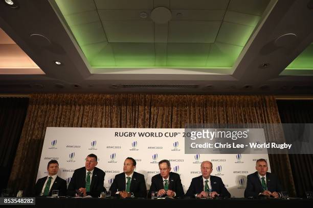 Brian O'Driscoll, Philip Browne, Leo Varadkar TD, Dick Spring, Shane Ross TD and David Sterling during the Rugby World Cup 2023 Bid Presentations...