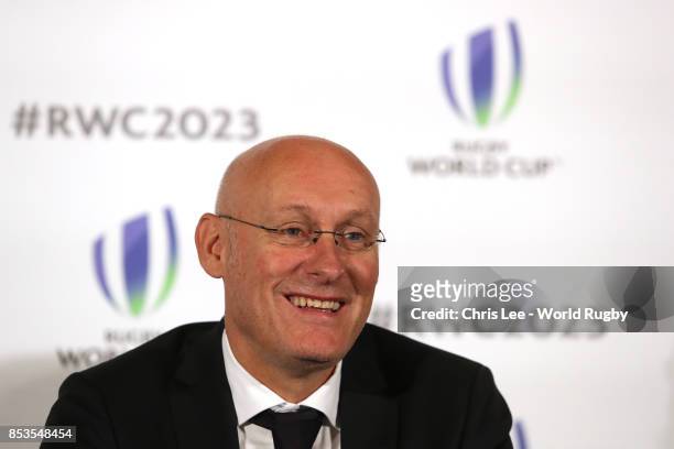 President of the French Rugby Federation Bernard Laporte during the Rugby World Cup 2023 Bid Presentations event at Royal Garden Hotel on September...