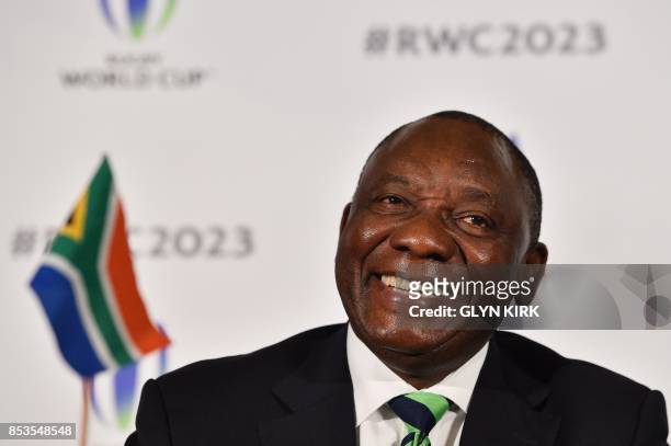 South Africa's deputy President Cyril Ramaphosa takes part in a press conference after South Africa presented their bid to host the 2023 Rugby World...