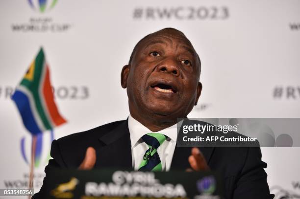 South Africa's deputy President Cyril Ramaphosa takes part in a press conference after South Africa presented their bid to host the 2023 Rugby World...