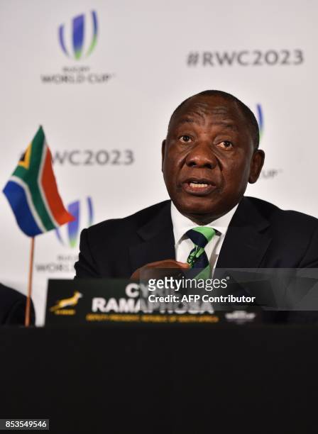 South Africa's deputy President Cyril Ramaphosa takes part in a press conference after South Africa presented their bid to host the 2023 Rugby World...