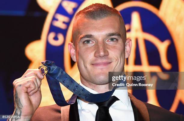 Dustin Martin of the Tigers poses after winning the 2017 Brownlow Medal at the 2017 Brownlow Medal at Crown Entertainment Complex on September 25,...