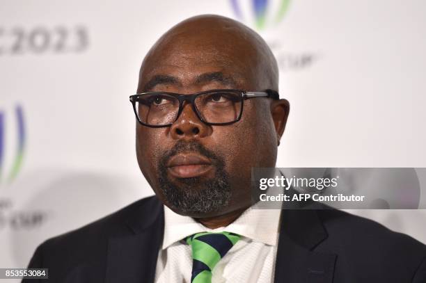 South Africa's Sport minister Thulas Nxesi takes part in a press conference after South Africa presented their bid to host the 2023 Rugby World Cup...