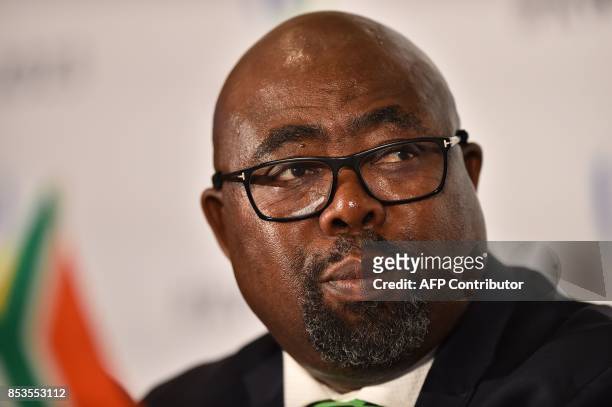 South Africa's Sport minister Thulas Nxesi takes part in a press conference after South Africa presented their bid to host the 2023 Rugby World Cup...