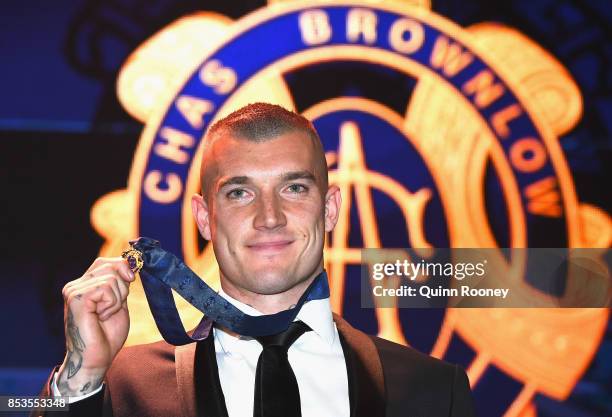 Dustin Martin of the Tigers poses after winning the 2017 Brownlow Medal at the 2017 Brownlow Medal at Crown Entertainment Complex on September 25,...