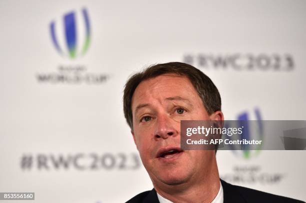 Of South Africa Rugby Jurie Roux takes part in a press conference after South Africa presented their bid to host the 2023 Rugby World Cup in London...