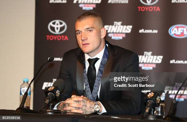 Dustin Martin of the Tigers speaks at a press conference after winning the 2017 Brownlow Medal at the 2017 Brownlow Medal at Crown Entertainment...